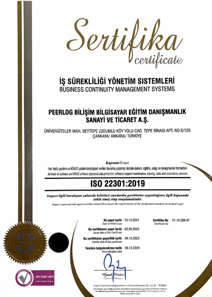 ISO 22301:2019 sertifikası